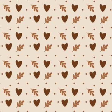 Seamless pattern with brown hearts, leaves, and dots on a cream background. Cute rustic minimal design for fabric, textiles, wallpaper, or background.