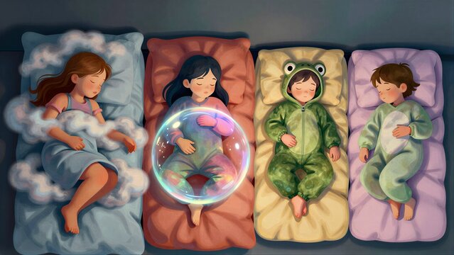 Three children sleep peacefully in colorful beds, one with a floating bubble.