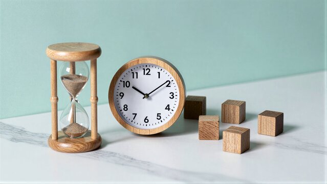 Wooden hourglass and clock beside small wooden blocks on marble surface.