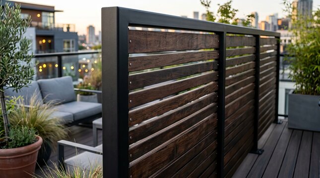 Modern rooftop balcony featuring a dark wooden privacy screen and black metal railing overlooking a city skyline at sunset