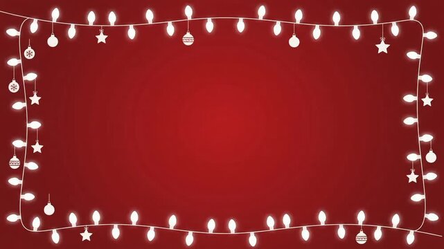 ​Christmas string lights frame animation loop with hanging ornaments on red background