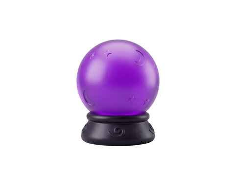 A purple crystal ball or magical orb standing on a dark stand, isolated on a clean white background for design and mysticism concepts