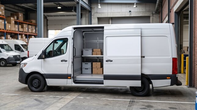 White Delivery Van with Open Side Door Loaded with Cargo Boxes in a Warehouse