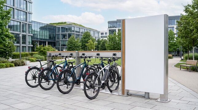 Electric Bicycles Charging at a Modern Outdoor Station with Blank Mockup Sign
