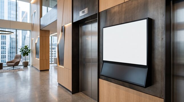 Blank Screen Digital Signage Mockup on Wall in Modern Office Elevator Lobby