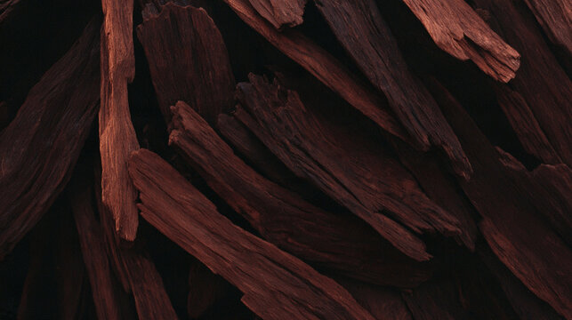 scattered dark brown wood chips, rustic wooden splinter texture on black background