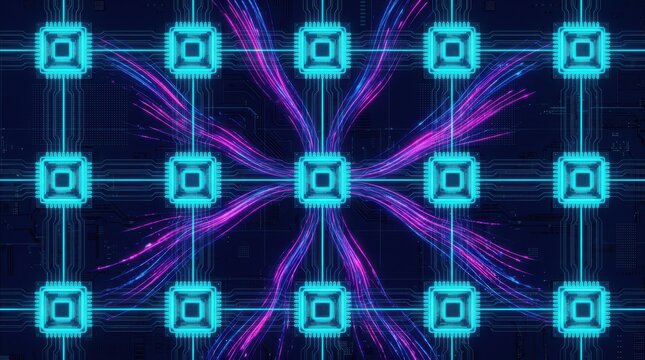 Luminous teal microchips connected by vibrant blue and pink data streams on a dark digital circuit board, forming a futuristic networked grid representing artificial intelligence, data processing, and
