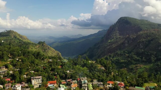 Aerial View of a Mountain Village in Sri Lanka Under Cloudy Skies