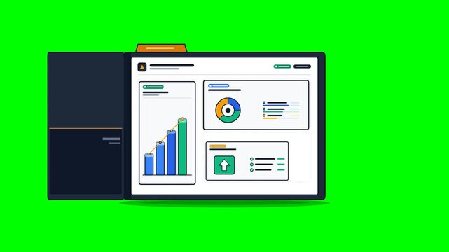 Motion graphic executive report folder featuring financial charts, growth graphs, and data analytics on chroma key green screen background, perfect for year rnd financial reviews, corporate business .