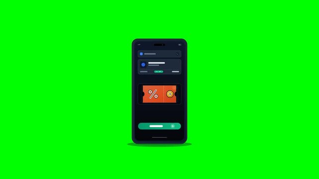 Motion graphic sleek smartphone display with discount coupon and e commerce shopping app interface on chroma key green screen background, perfect for mobile app promos.