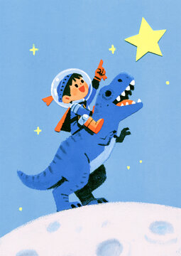 Space Explorer and Dinosaur - Cute Moon Adventure - A cheerful explorer rides a blue dinosaur and points toward a bright yellow star, ideal for kids posters, storybooks, cards, and playful artwork