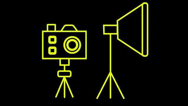 A clean and simple black and white line art vector illustration representing a personal photography setup, featuring a camera mounted on a tripod alongside a studio soft box light stand.