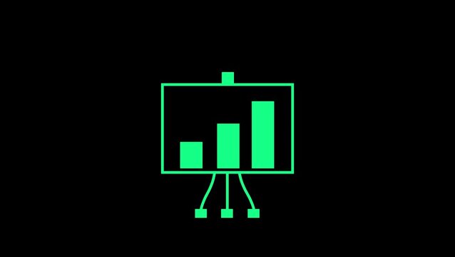 A minimalist black and white line art vector illustration of a presentation board featuring a growth bar graph or column chart on a easel tripod stand.