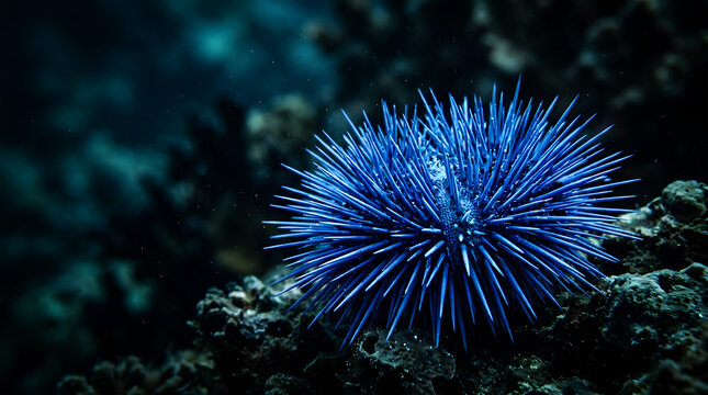 Intricate blue sea urchin resting among dark rocks and ocean life
