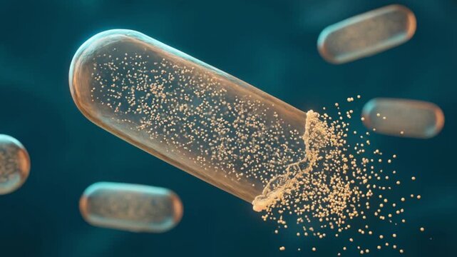 Microscopic visualization of a pharmaceutical microcapsule releasing active particles through a dissolving polymer membrane for controlled drug delivery.