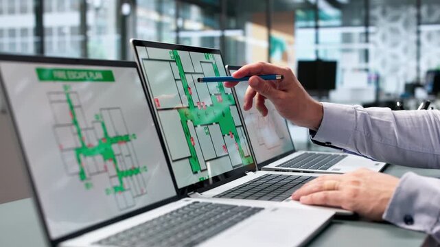 Safety Officer Studies Building Fire Escape Map During Emergency