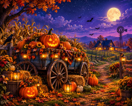Halloween Harvest Farm Wagon Loaded with Glowing Jack O Lantern Pumpkins Under Full Moon