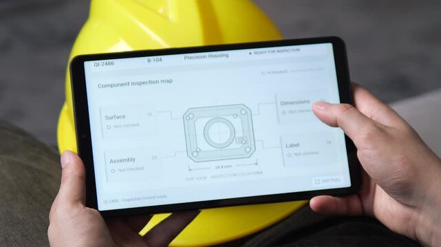 Manufacturing quality inspection displayed on a tablet with component checkpoints, reflecting digital production control, precision engineering and modern factory standards.