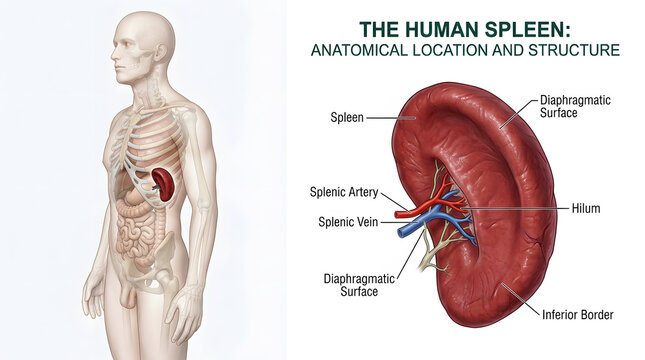 Detailed illustration of human spleen anatomy with full body location highlighted