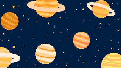 Outer space vector background illustration featuring cartoon planets with planetary rings, glowing stars, and cosmic elements set against a deep blue galaxy background © Prayogo