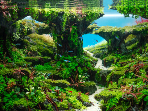 Beautiful planted tropical freshwater aquarium with fishes.