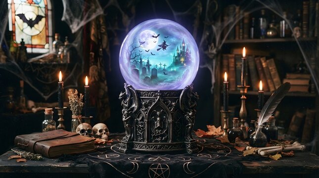 Glowing crystal ball with haunted cemetery scene inside standing on an intricate gothic pedestal base