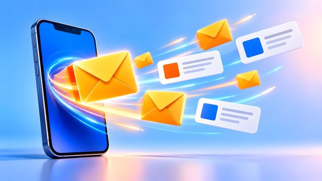 Smartphone sending glowing email envelopes and digital notification concepts representing fast mobile communication