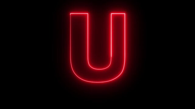 Neon English Capital Letter U text icon animation glowing red color alphabet seamless smooth footage writing letter word sign symbol on black background