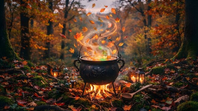 Cast iron witch cauldron with magic glowing potion and autumn leaves swirling in a mystical autumn forest woodland