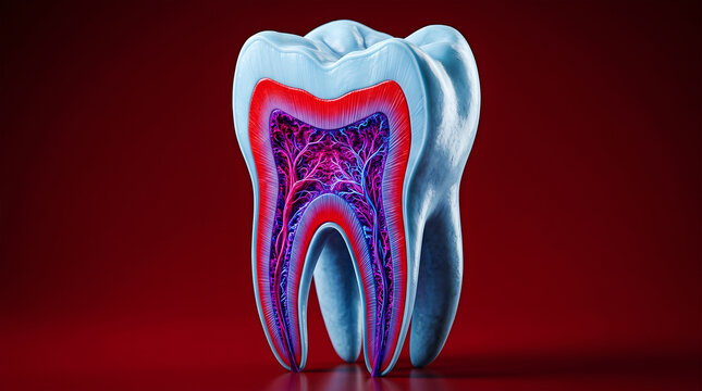 Detailed anatomical illustration of a human tooth showing internal structures and root system