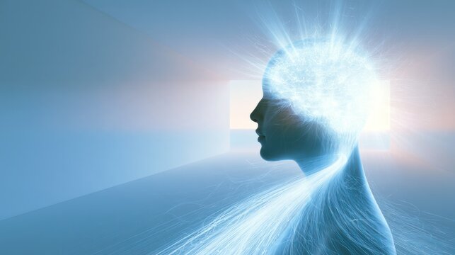 Radiant Consciousness: A profile silhouette of a head with a glowing, illuminated brain and ethereal light emanating outwards, symbolizing insight and awakened mind.