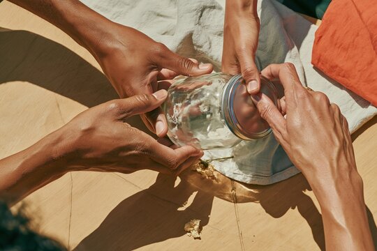 Diverse hands holding and closing a refillable glass jar on a rustic oak surface for zero waste and sustainable food storage campaigns