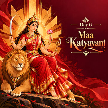 Hindu goddess maa katyayani for navratri day six on lion with divine mother
