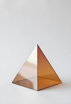 Geometry and minimalism, amber glass pyramid on a clean white background for architectural design and abstract corporate branding or interior decoration