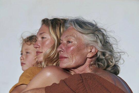 Three generations of women in a side profile sequence, featuring a grandmother, mother, and daughter with natural skin texture for aging