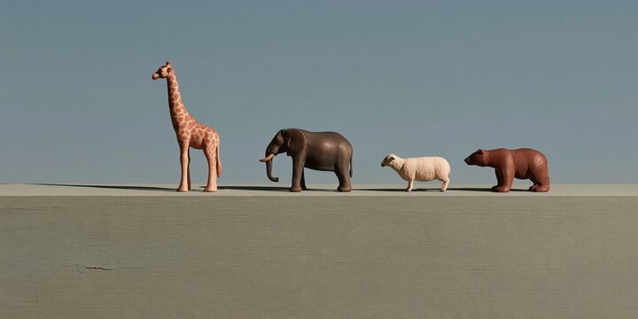 Noah's ark toy animals lined up in a row on a smooth blue surface, featuring carved wooden figures with hard side shadows for sunday school banners