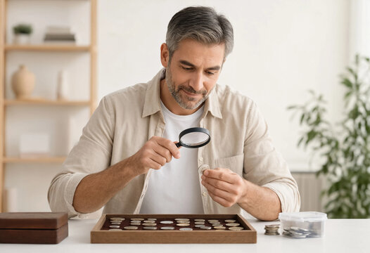 Middle-aged man examines collectible coins with a magnifying glass at a home table. The hobby suggests careful inspection and collecting.