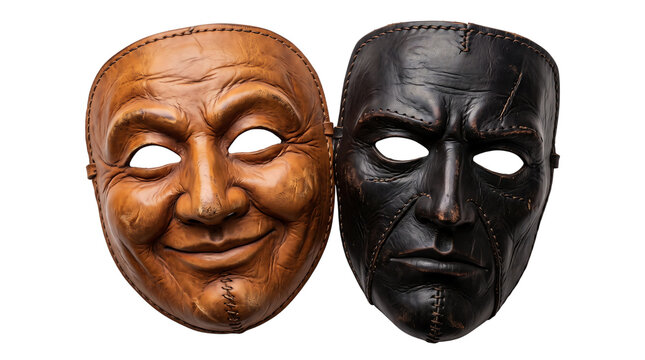 Stitched leather human face masks in brown and black hues embody old world craftsmanship for masquerade ball costume design and role play accessory.