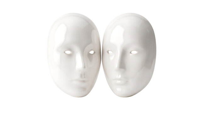 Minimalist white plastic face masks with smooth reflective surface symbolize anonymity and digital privacy for modern security and social media themes.