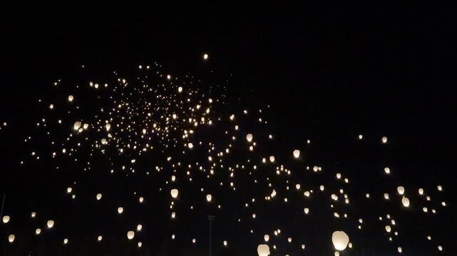 Hundreds of glowing lanterns rise into the night sky during an outdoor festival event
