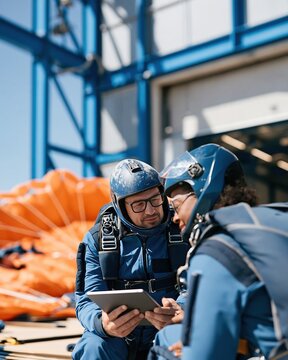 Two riggers reviewing a gear check on a tablet, featuring dusty helmets and vivid orange parachute fabric for skydiving and parachuting training