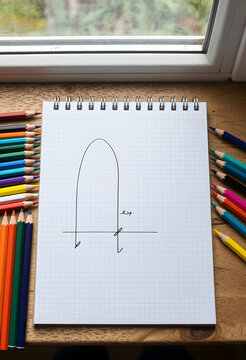 Mathematics and education concept, hand drawn parabola graph on grid paper with colorful pencils for school learning and academic study on wooden desk