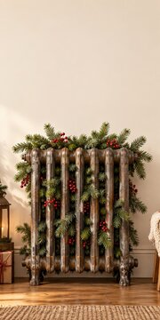 Cast iron radiator entwined with a lush green fir garland and red berries, featuring a rustic weathered texture and copy space for holiday advertising