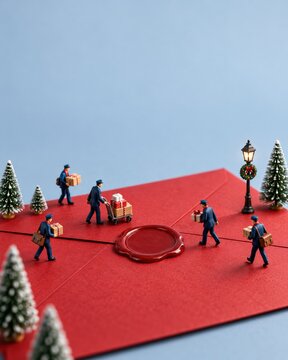 Giant red envelope with a smooth wax seal and miniature postal workers carrying parcels, a festive mockup for Christmas greetings and stationery