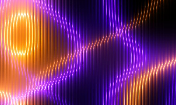 Abstract purple and orange ribbed glass wave on black background with vibrant light curves, horizontal ripple distortion and glowing liquid flow