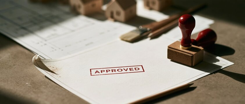 Approved stamp on architectural house plans with a lacquered handle, featuring detailed blueprints and wooden models for building permits