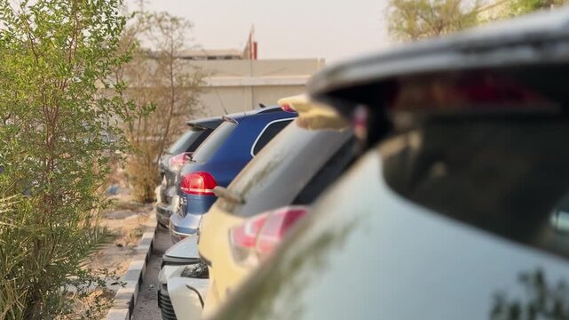 A row of parked cars sits along a concrete curb next to green bushes during daylight. The shallow depth of field focuses on a blue SUV's taillights in this urban street scene.