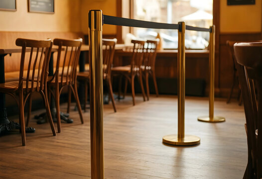 Social distancing and business closure, retractable belt stanchions in empty restaurant with wooden chairs and tables during economic downturn