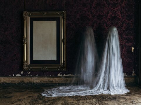 Blank poster mockup in an ornate gold frame on a plum purple damask wall, featuring a blurred sheet ghost in a haunted manor for spooky decor