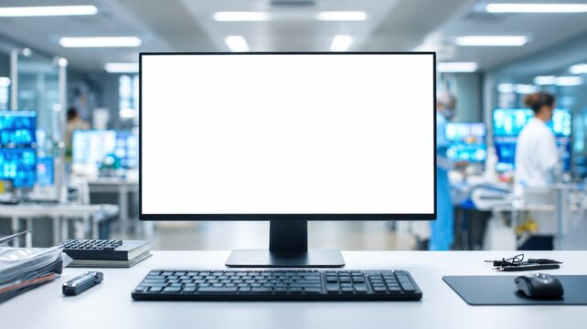 Blank computer monitor displaying empty white screen within professional modern medical laboratory facility environment with bustling laboratory blurred